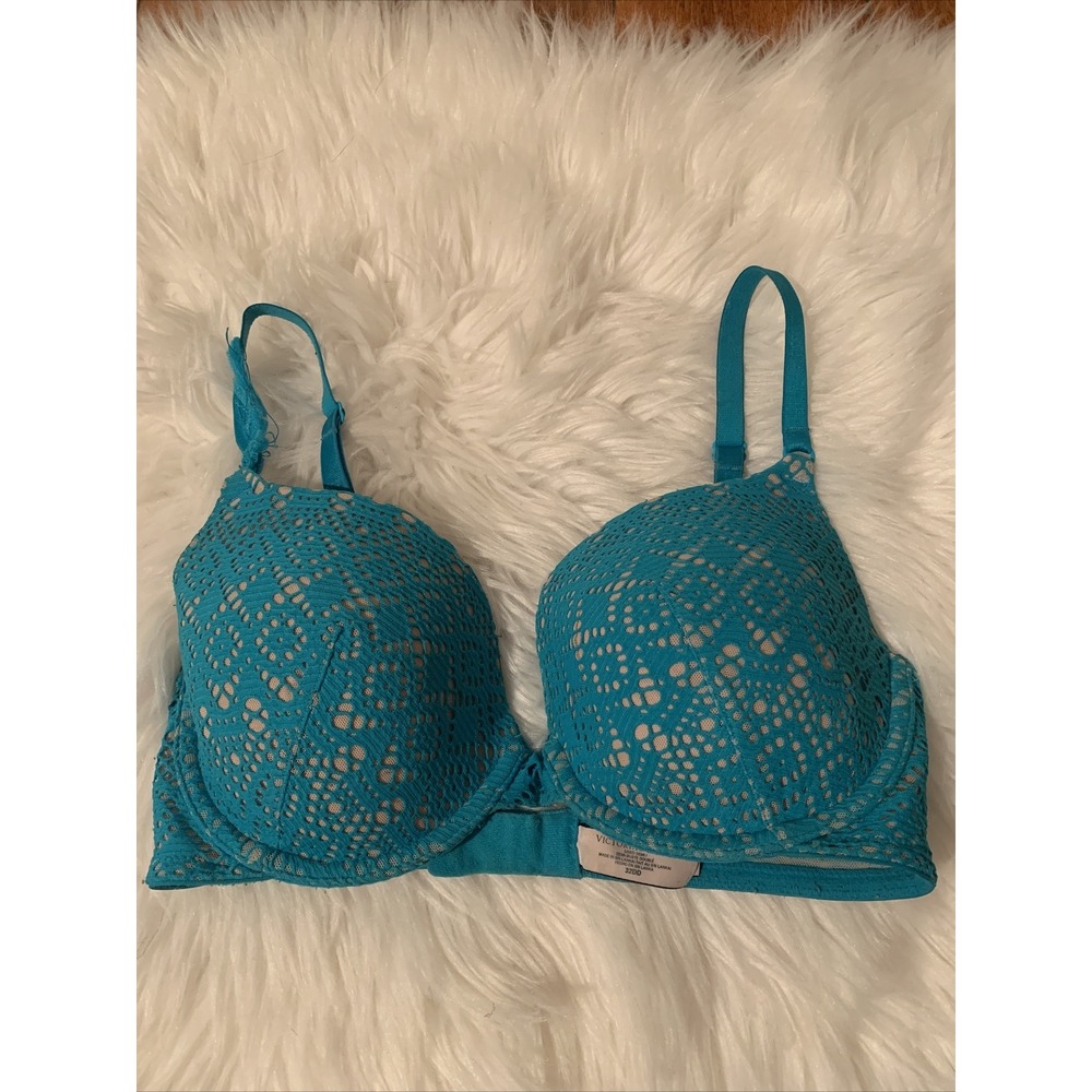 victoria secret lined demi bra 32DD blue sexy net trim t shirt bra read descript